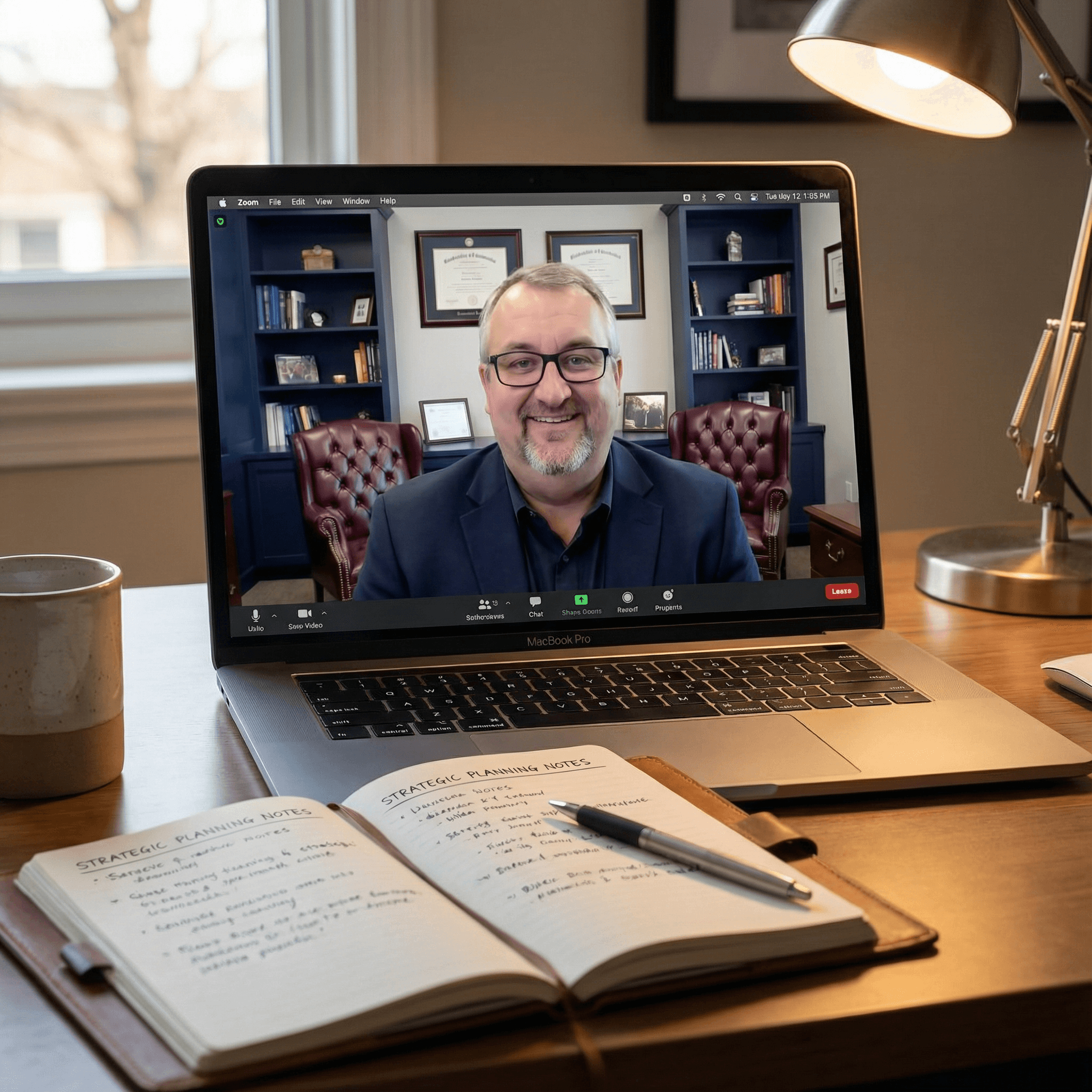 Ryan Riggins on a Zoom consultation call with a family