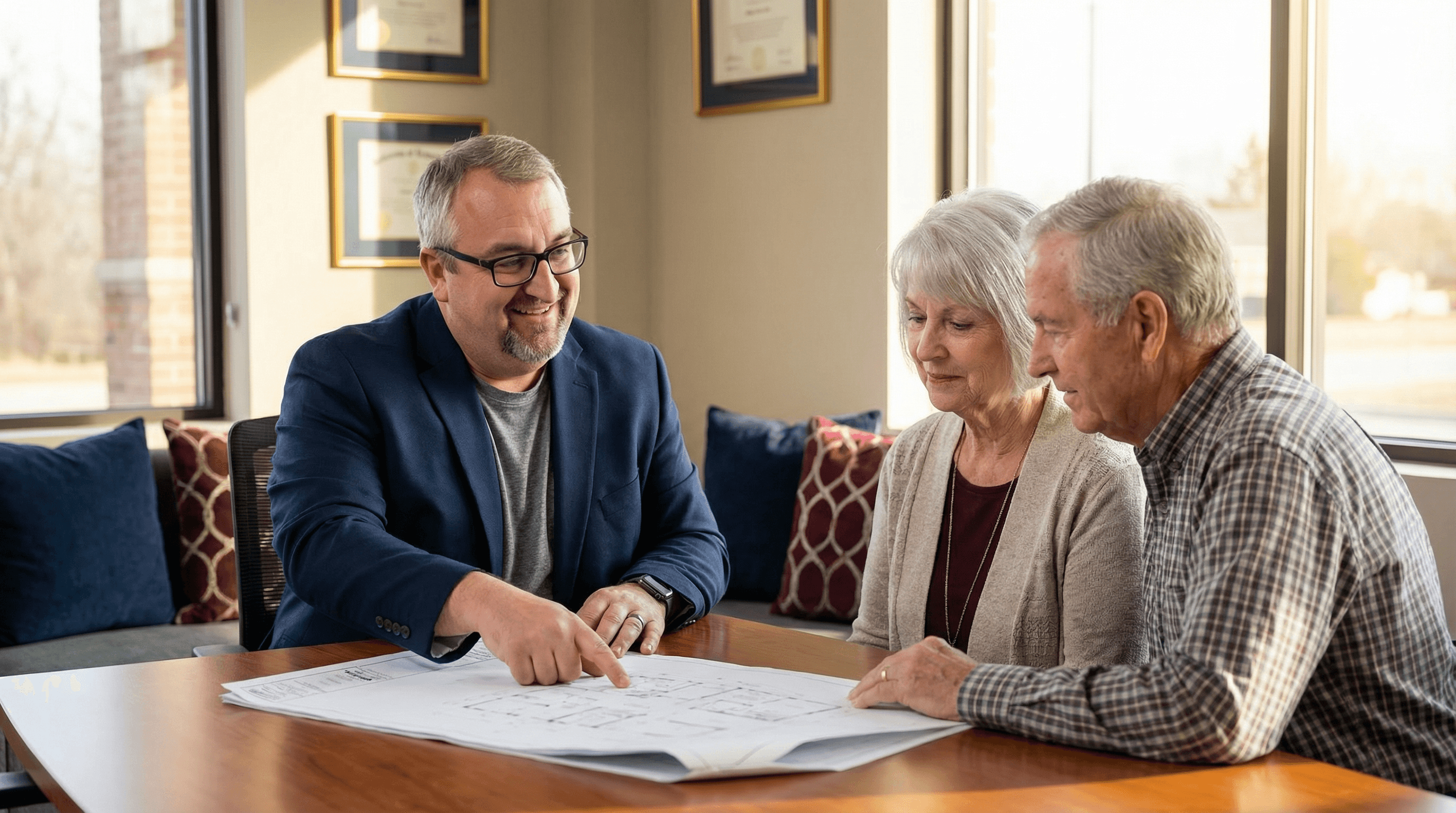 Ryan Riggins consulting with an elderly couple, reviewing documents at a kitchen table